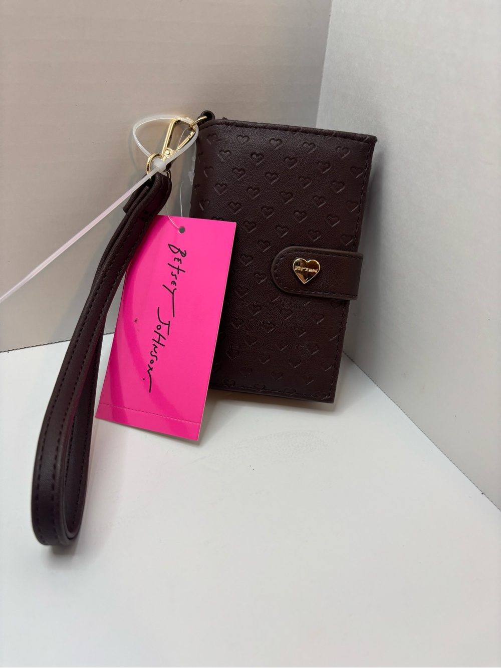 Betsey Johnson Dark Brown Embossed Heart Wallet Wristlet with Heart Closure